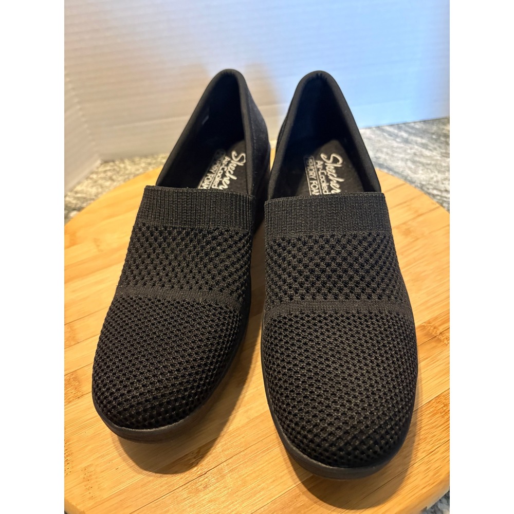 Skechers Air-Cooled Memory Foam Black Knit Mesh Slip On Wedge Shoes Womens